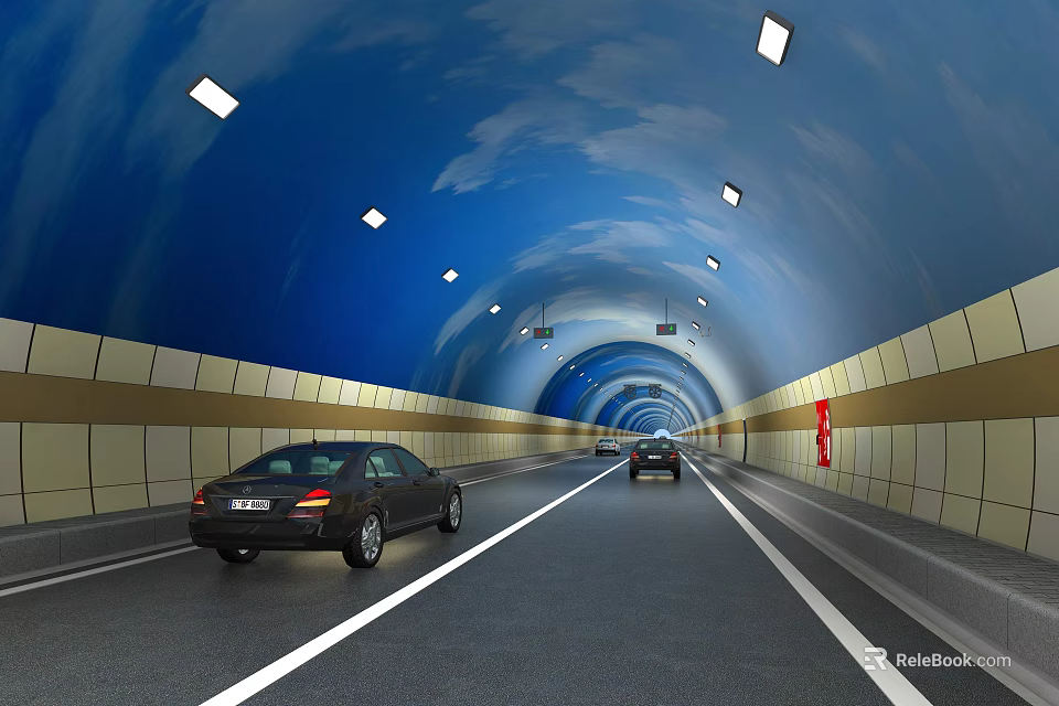 Well Lit Road Facilities in Tunnel with Traffic Lanes and Moving Vehicles 3d model 