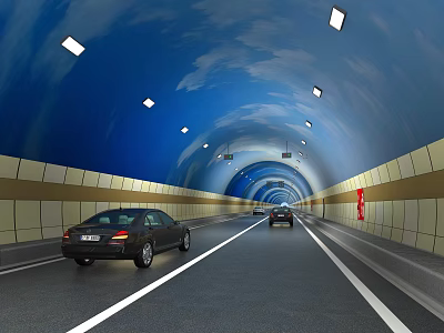 Well Lit Road Facilities in Tunnel with Traffic Lanes and Moving Vehicles 3d model