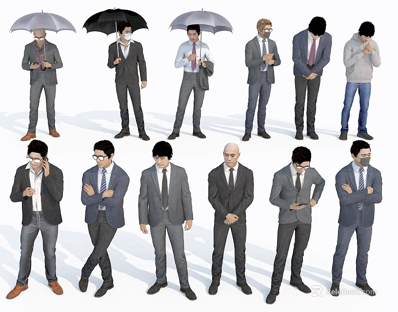 Group of People in Suits and Casual Clothes With Umbrellas and Various Poses 3d model 