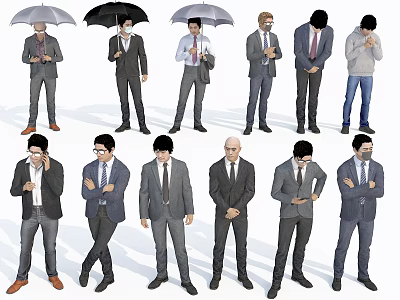 Group of People in Suits and Casual Clothes With Umbrellas and Various Poses 3d model