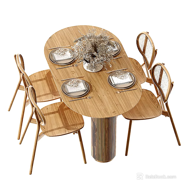 Round Wooden Dining Table Set With Four Chairs Tableware And Decorative Vase 3d model
