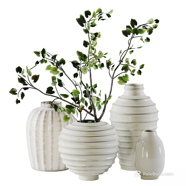 Ornamental Decoration Set With Various White Ceramic Vases And Green Leafy Branches 3d model 