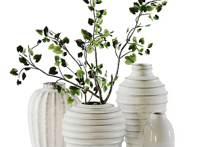 Ornamental Decoration Set With Various White Ceramic Vases And Green Leafy Branches 3d model