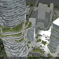 Modern High Rise Office Buildings With Glass Curtain Walls Terraced Bases And Urban Greenery