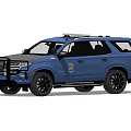 Blue Police SUV With Black Wheels Front Guard And Badge In Gray Indoor Space