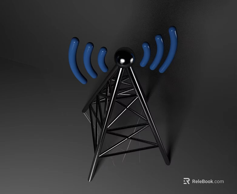 Black Communication Tower With Top Sphere And Blue Curved Antennas 3d model 