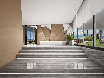 Modern Reception Area With Stylish Desk Wooden Walls Glass Doors Steps And Outdoor View 3d model