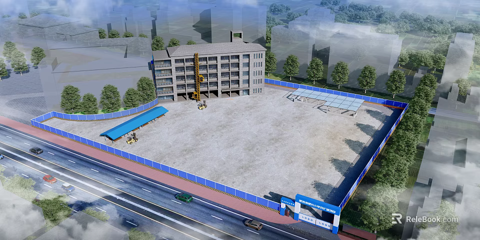Active Construction Site Featuring Multi Storey Building Crane Blue Fence Equipment And Surrounding Trees 3d model 
