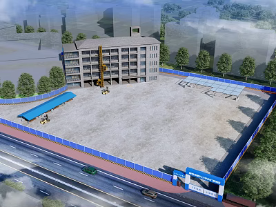 Active Construction Site Featuring Multi Storey Building Crane Blue Fence Equipment And Surrounding Trees 3d model