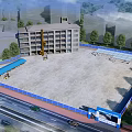 Active Construction Site Featuring Multi Storey Building Crane Blue Fence Equipment And Surrounding Trees