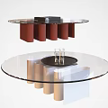 Coffee Table with Round Glass Top Red Silver Columnar Base and Black Box Transparent Cups 3d model
