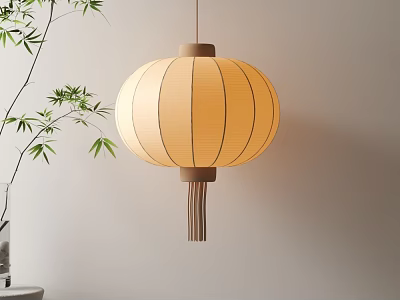 Hanging Decorative Traditional Chinese Lantern with Bamboo Branch on White Wall Background 3d model