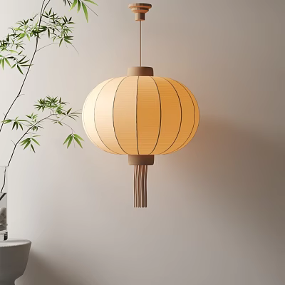 Hanging Decorative Traditional Chinese Lantern with Bamboo Branch on White Wall Background 3d model