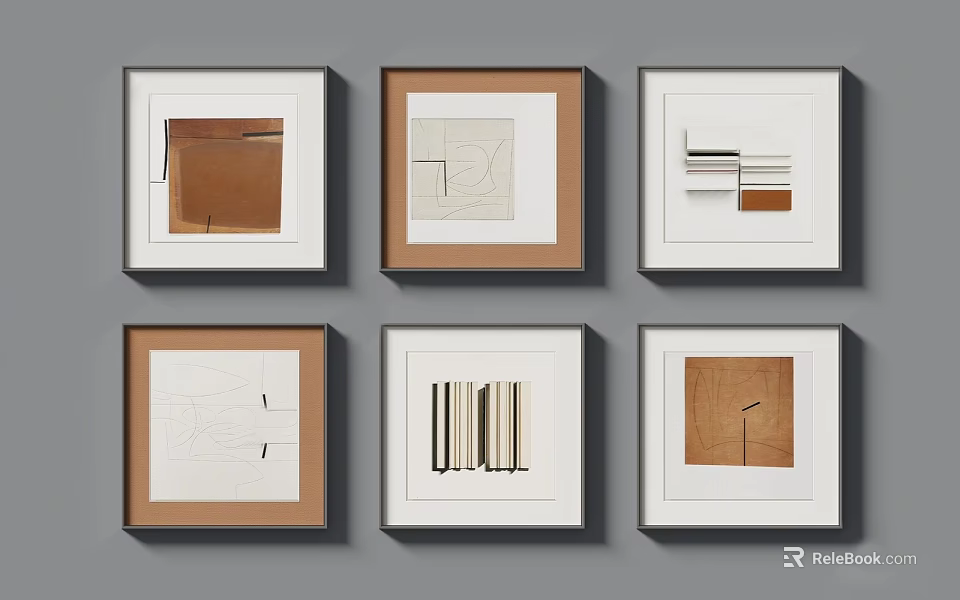 Geometric Art Paintings with Square Frames Various Colors and Abstract Patterns Arranged on Gray Wall 3d model