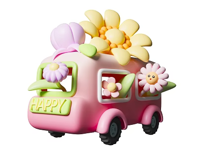 Cute Pink Cartoon Bus Photo Spot With Flower Decorations And HAPPY Sign 3d model
