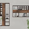 Wooden Antique Display Shelves On Beige Wall With Ceramic Teacups Books White Vase And Green Plant