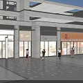 Modern Commercial Street With Multi Story Building Storefronts And Pedestrians Walking