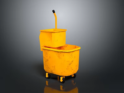 Yellow Wheeled Trash Bin With Two Bins Small Upper And Large Lower Black Long Handle 3d model