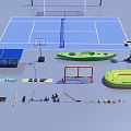 Diverse Sports Equipment Collection Featuring Tennis Court Table Tennis Table Kayak And Fitness Tools