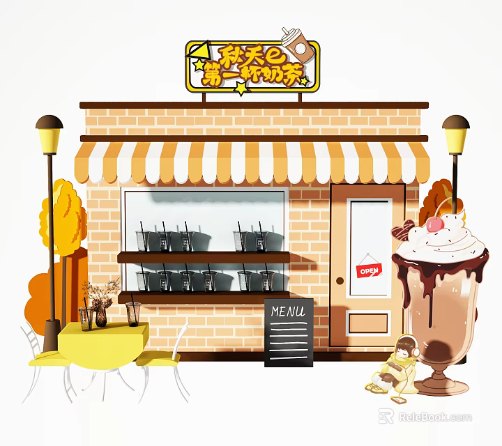 Dessert Milk Tea Shop Storefront With Orange White Striped Awning Tables Chairs And Chocolate Drink 3d model 