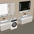 Modern White Bathroom Vanity With Mirror Shelves And Washing Machine Setup 3d model