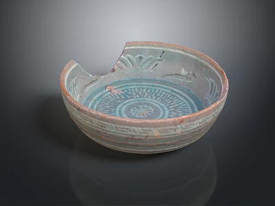 Chipped Ceramic Bowl With Blue Interior And Decorative Patterns On Edge 3d model