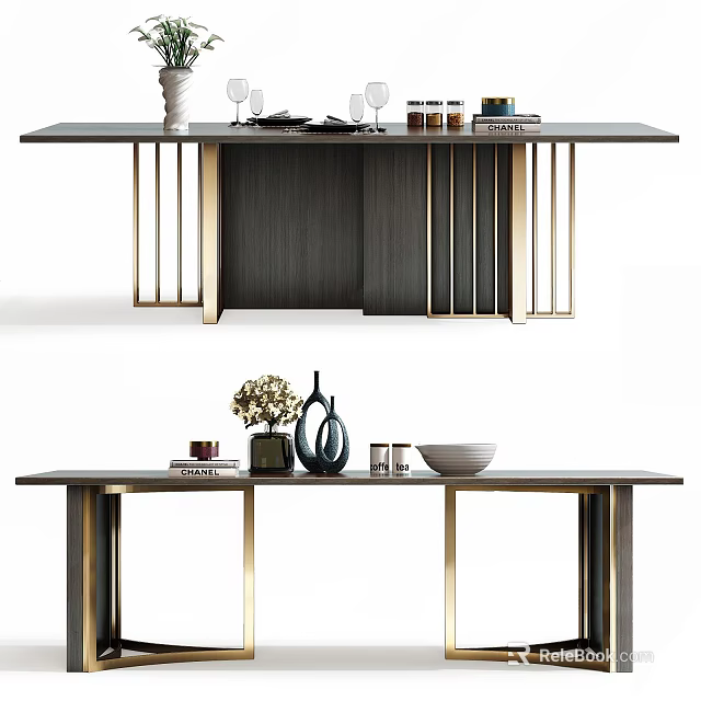 Stylish Modern Dining Table With Black Tabletop Gold Metal Frame And Decorative Vase Bowl Items 3d model 