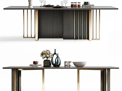 Stylish Modern Dining Table With Black Tabletop Gold Metal Frame And Decorative Vase Bowl Items 3d model