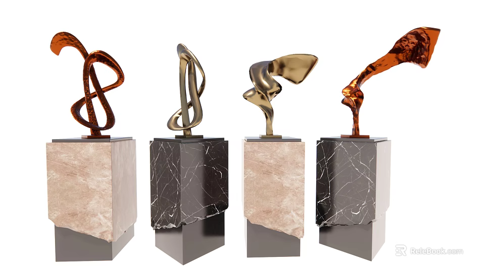 Abstract Metal Sculptures With Curved Shapes And Marble Bases 3d model 