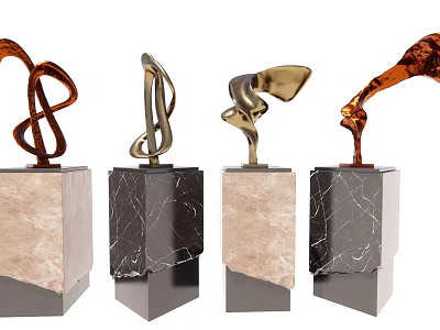 Abstract Metal Sculptures With Curved Shapes And Marble Bases 3d model