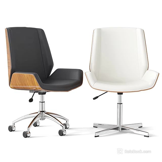 Black and White Leather Office Chair with Wood Accent and Metal Base Swivel Wheels 3d model 