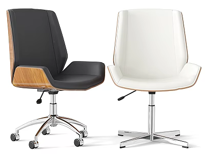 Black and White Leather Office Chair with Wood Accent and Metal Base Swivel Wheels 3d model