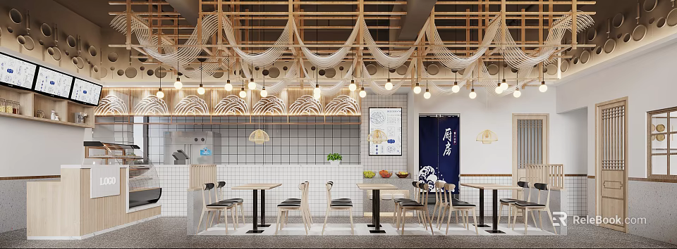 Cozy Restaurant Interior With Wooden Grid Ceiling White Mesh Curtains Round Tables And Wooden Chairs 3d model 