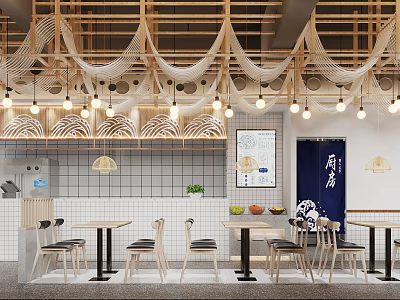 Cozy Restaurant Interior With Wooden Grid Ceiling White Mesh Curtains Round Tables And Wooden Chairs 3d model