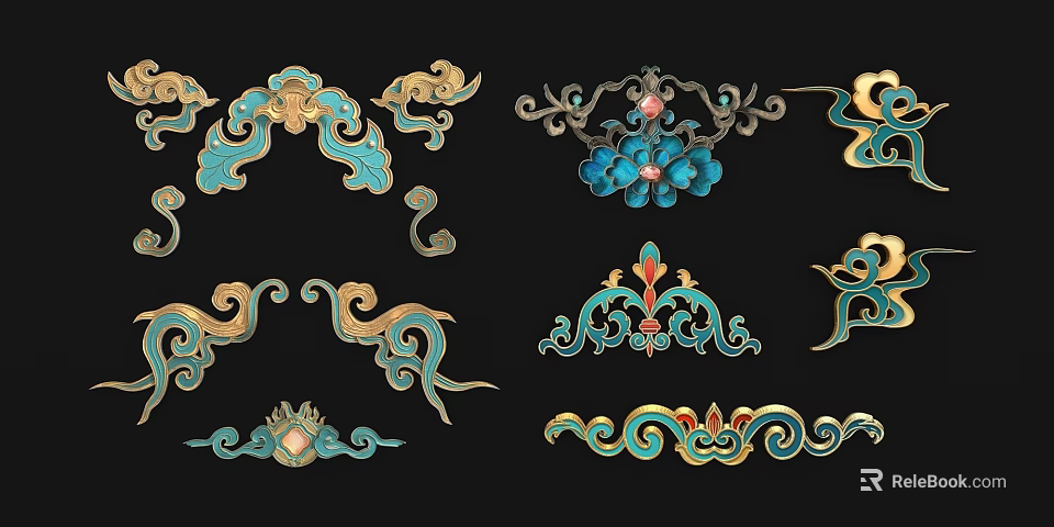 Traditional Decorative Carvings With Colorful Floral Curved Patterns And Gold Accents 3d model 
