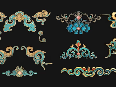 Traditional Decorative Carvings With Colorful Floral Curved Patterns And Gold Accents 3d model