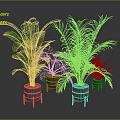 Various Green Plants in Metal Pots with Orange Stands on Grey Background