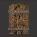 Rustic Brown Wooden Door With Arched Top Metal Straps And Rivets Design