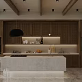 Modern Open Dining Living Room Interior With Wooden Beams Pendant Lights And Island Counter