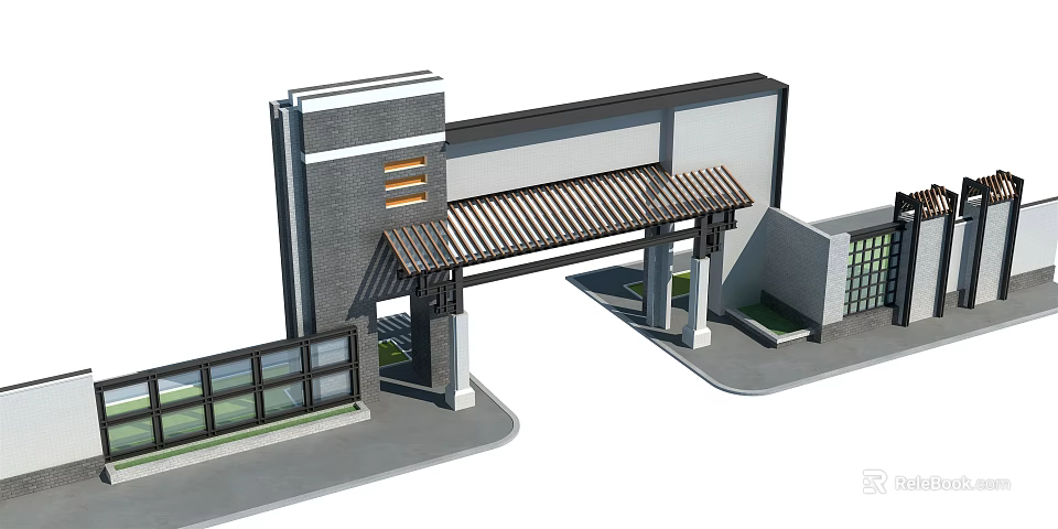 Modern Entrance Gate Design With Gray Walls Striped Roof And Columns 3d model 