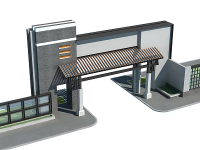 Modern Entrance Gate Design With Gray Walls Striped Roof And Columns 3d model