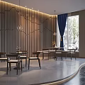 Modern Restaurant Interior With Wooden Shelves Blue Curtains Hanging Lights And Dining Tables Chairs