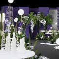 Floral Installation for Wedding Ceremony with Purple Drapery White Candles and Greenery Pathway