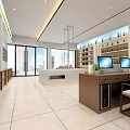 Modern Exhibition Hall Interior With Display Shelves Central Counter And Warm Lighting Decor