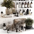Modern Bathroom Accessories Arranged on Shelves With Glass Bottles and Decorative Plants