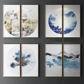 Modern Abstract Paintings With Blue Wave Patterns And Round Square Frames On Wall 3d model