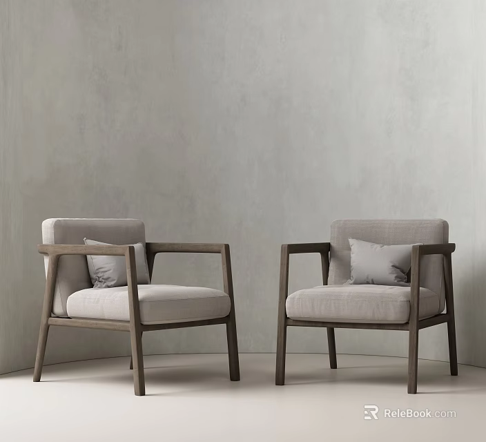 Two Modern Light Gray Fabric Single Sofas With Wooden Armrests And Pillows 3d model