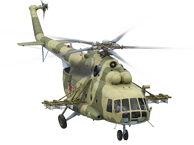 Camouflage Military Helicopter With Rotating Rotors And Mounted Weapon Systems 3d model