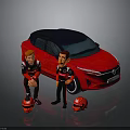 Red Car with Black Roof Two Cartoon Characters in Black Outfits Standing Beside Red Helmets