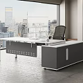 Modern White Office Desk With Black Chair In Bright Office Space With Large Windows